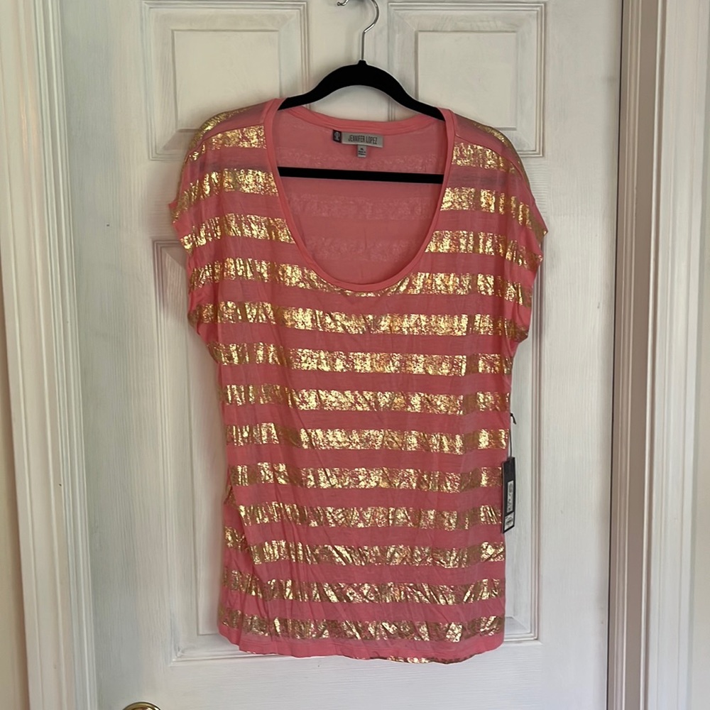 Peach with gold stripes tee shirt. Never worn